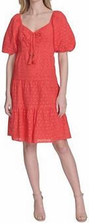 Vince Camuto Womens V Neck Short Puff Sleeve Dress In Med Orange