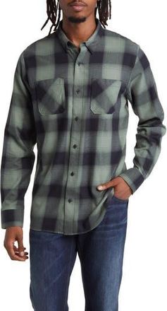 Travis Mathew Cloud Plaid Flannel Button-Up Shirt in Black/Laurel at Nordstrom Rack, Size Small