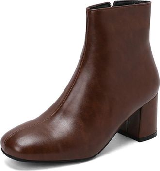 Generic Womens Square Toe Chunky Heel Ankle Boots with Side Zipper for Style and Comfort,Brown,7.5 UK