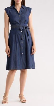 DKNY Cap Sleeve Tie Waist Denim Shirtdress in Dark Benso at Nordstrom Rack, Size 18 (Similar To 14W)