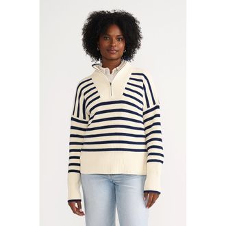 Lands End Drifter Cotton Quarter Zip Pullover Sweater in Ivory/navy Stripe at Nordstrom, Size X-Large P