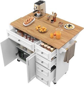 STILVORA Carro De Cocina Con 1 Caj&oacute;n, Estantes Ajustables Y Tablero Abatible, En Mdf, Blanco, Para Cocina