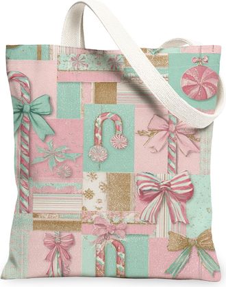 Generic Christmas Candy Cane Canvas Tote Bags, Bow Pattern Reusable Grocery Bags, Winter Lightweight Washable Shoulder Strap Canvas, Peach, 13x15 Inch