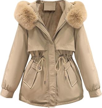 Generic Womens Winter Coat Warm Thickened Long Coat Pocket Waist Drawstring Coat Jacket Down Jacket Fleece Lined Women Coats Ladies Hooded Coat Slim Fit Jacke