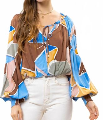 Blu Pepper Womens Abstraite Peasant Abstract Long Sleeve Blouse In Blue And Gold Multi