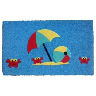 Imports Decor Crab Beach Coir Door Mat, Cute Ocean Coconut Fiber Doormat with Umbrella Design & Non-Slip PVC Backing, Indoor Outdoor Entrance Rug