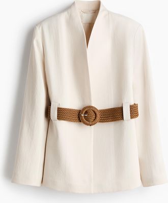H&M Kragenloser Blazer mit G&uuml;rtel - Cremefarben