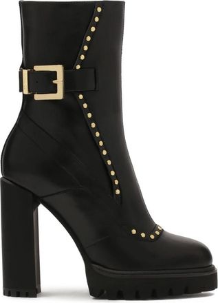 Kazar Zwarte laarzen met ronde gouden noppen. Dit product valt klein uit. - Dames - Laarzen met Hak - Zwart - 37 EU - Leer - Schoenen