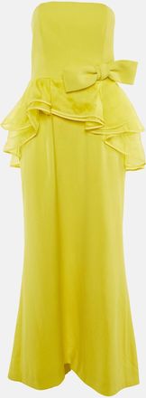 Paule Ka Yellow Crepe Bow & Asymmetric Frill Detail Strapless Maxi Dress