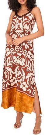 Halogen Floral Border Print Sleeveless Satin Maxi Dress in Cafe at Nordstrom Rack, Size X-Small