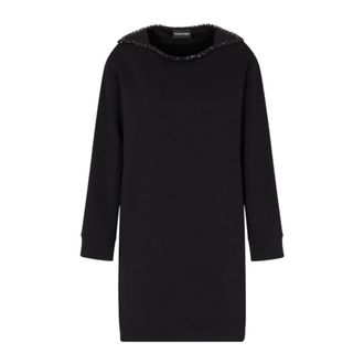 Emporio Armani Short Dresses, female, Black, Size: XL ASV Double-jersey Dress with Rhinestone Detail