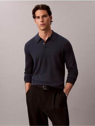 Calvin Klein Mens Extra Fine Merino Blend Polo Sweater - Blue - 2XL
