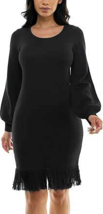 Nina Leonard Balloon Sleeve Fringe Hem Sweater Dress in Black at Nordstrom Rack, Size Medium
