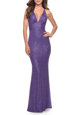 La Femme Sequin Stretch Long Prom Dress with Banded Waist in Purple at Nordstrom, Size 10