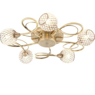 Loops Semi Flush Ceiling Light Brass Glass Beads 5 Bulb Hanging Pendant Lamp Shade in Clear