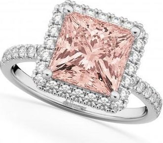 Allurez Princess Cut Halo Morganite & Diamond Engagement Ring 14K White Gold 3.47ct