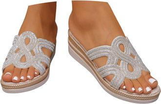 Generic Womens Wedge Sandals Summer Fish Mouth Thick Bottom Wedge Heel Slippers For Women Retro Rhinestone Hollow Wear Open Toe Sandals Fashion Dress Shoes (W