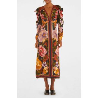 Farm Rio Floral Border Print Long Sleeve Dress in Chenille Flowers Black at Nordstrom Rack, Size Xx-Small