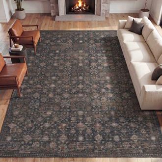 Jonathan Y Designs Petunia Distressed All-Over Floral Border Non-Slip Machine-Washable Rug in Rust/charcoal at Nordstrom, Size 2Ft 0In X 8Ft 0In