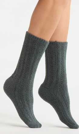 Barefoot Dreams CozyChic Pointelle Crew Socks in Deep Juniper at Nordstrom