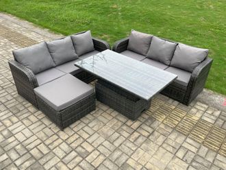 Fimous Outdoor Rattan Garden Furniture Sets Height Adjustable Rising lifting Dining Table Sofa Set with Big Footstool in Dark Grey
