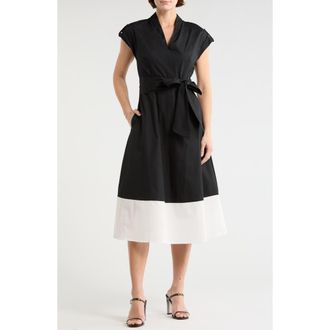 Vince Camuto Colorblock Cap Sleeve Cotton Poplin Midi Dress in Ivory Black at Nordstrom Rack, Size 12