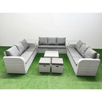 Fimous Pe Rattan Lounge Sofa Set 11 Seater Outdoor Garden Furniture Set with Square Coffee Table 3 Seater Sofa 2 Stools 2 Side Table Light Grey - Fimous