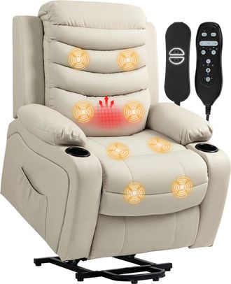 OEM Sill&oacute;n Relax Reclinable El&eacute;ctrico Levanta Personas Con Masaje Vibratorio Y Calor Puerto Usb Control Remoto Crema