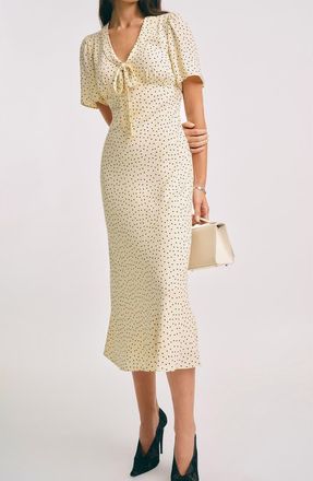 Reformation Tyra Polka Dot Short Sleeve Midi Dress in Salt And Pepper at Nordstrom, Size 10