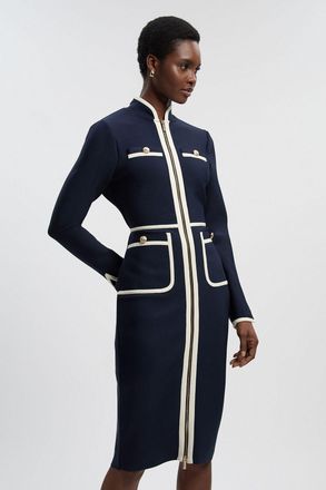Karen Millen Womens Figure Form Bandage Knit Piping Detail Military Midi Dress - Navy - Size 16 UK