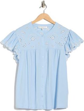 Chelsea & Theodore Eyelet Embroidery Flutter Sleeve Top in Chambray Blue/White at Nordstrom Rack, Size 1 X
