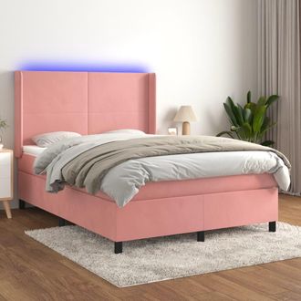vidaXL Cama Box Spring Colch&oacute;n Y Led Terciopelo Rosa 140x190 Cm Vidaxl