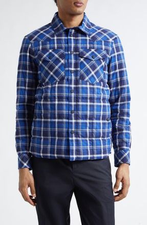 Moncler Gelt Plaid Stretch Cotton Puffer Down Shirt Jacket in Navy Check at Nordstrom, Size 2