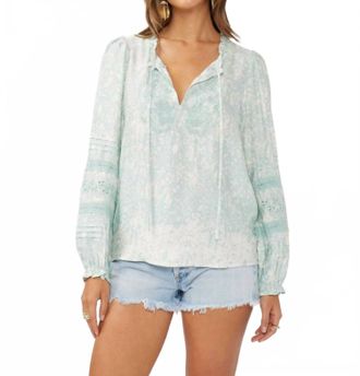 Lovestitch Womens Floral Embroidered Lace Trim Split Neck Blouse In Turquoise