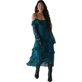 Warehouse Ruffle Cold Shoulder Midi Dress in Leopard at Nordstrom, Size 8P