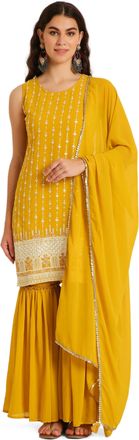 Shopping Queen Womens Georgette Embroidery Straight Kurta and Sharara Set, Corn Yellow, Large