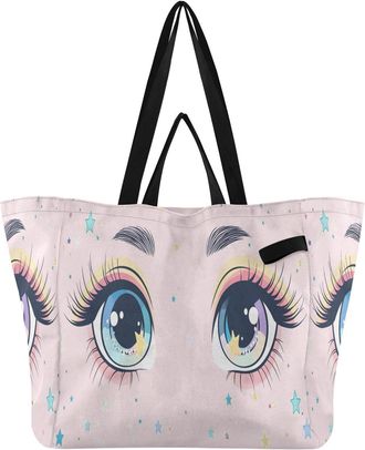 Generic Pink Eye Star pattern Reusable Canvas Tote Bag, Heavy Duty Grocery Shopping Bag with Large Capacity Double Handles Hard Bottom Work Groceries Travel