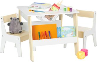 Relaxdays Relaxdays - Mesa Y Sillas Infantiles, 2 Asientos, Con Almacenaje, Muebles Ni&ntilde;os, Minimesa Y Minisillas, Blanco/beige