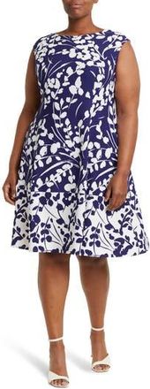 London Times Cap Sleeve Fit & Flare Dress in Navy Ivory at Nordstrom Rack, Size 14W