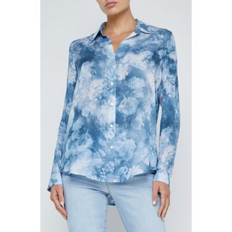 L'agence Nina Floral Print Silk Button-Up Shirt in Dusty Blue Cloud Soft Floral at Nordstrom Rack, Size Medium