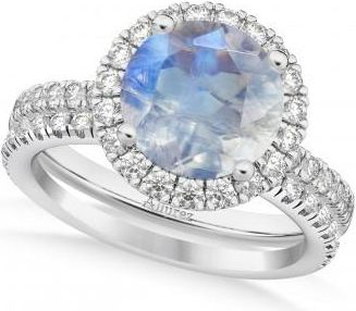 Allurez Moonstone & Diamond Round-Cut Halo Bridal Set 14K White Gold (3.17ct)