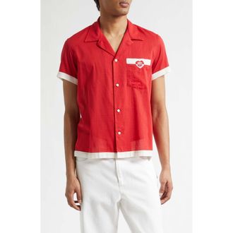 Bode Heart Deco Cotton Voile Camp Shirt in Red White at Nordstrom, Size X-Large