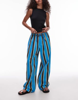 Topshop Pantaloni in lino a palloncino a righe blu cobalto