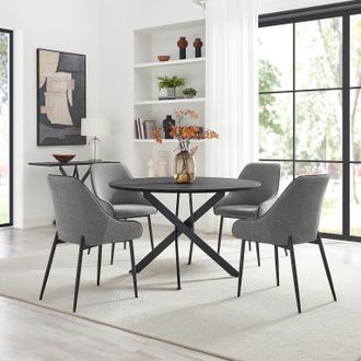 Furniturebox Novara Black Top Dining Table & 6 Beaumont Fabric Chairs in Grey