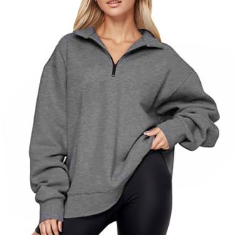 Generic HUIFUAO Women Sweatshirt Zip Front V Neck Pullover Autumn Long Sleeve Tops Lightweight Shirts Solid Color Basic Blouse With Pockets (Z11 Dark Gray, XX