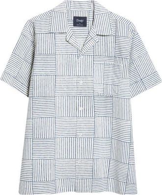 Drake's Weave Block Print Cotton Camp Shirt in Navy And White at Nordstrom, Size Medium