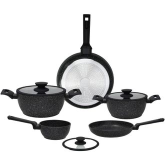 Tognana Tognana Authentika, Batteria di pentole e padelle, Set con 2 padelle, 3 casseruole, 3 coperchi trasparenti, 8 Pezzi, Alluminio, Nero