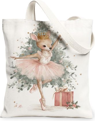 Generic Christmas Ballerina Canvas Tote Bags, Animal Dance Pattern Reusable Grocery Bags, Vintage Lightweight Washable Shoulder Str, White, 13x15 Inch