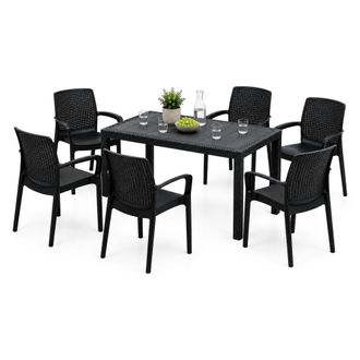 Dmora Set De Sal&oacute;n Exterior Matarene, Sof&aacute; De Jard&iacute;n 6 Plazas, Mesa Hecha En Italia, Impermeable, Negro Antracita