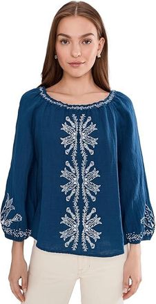Liverpool L.A. 3/4 Sleeve Woven Top With Embroidery Womens Clothing Liberty Blue : SM, Cotton